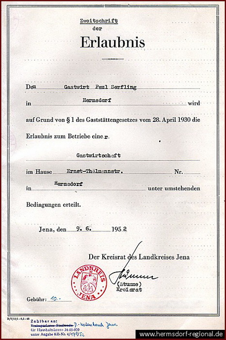 Erlaubnisschein vom 09.06.1952 für Paul Serfling